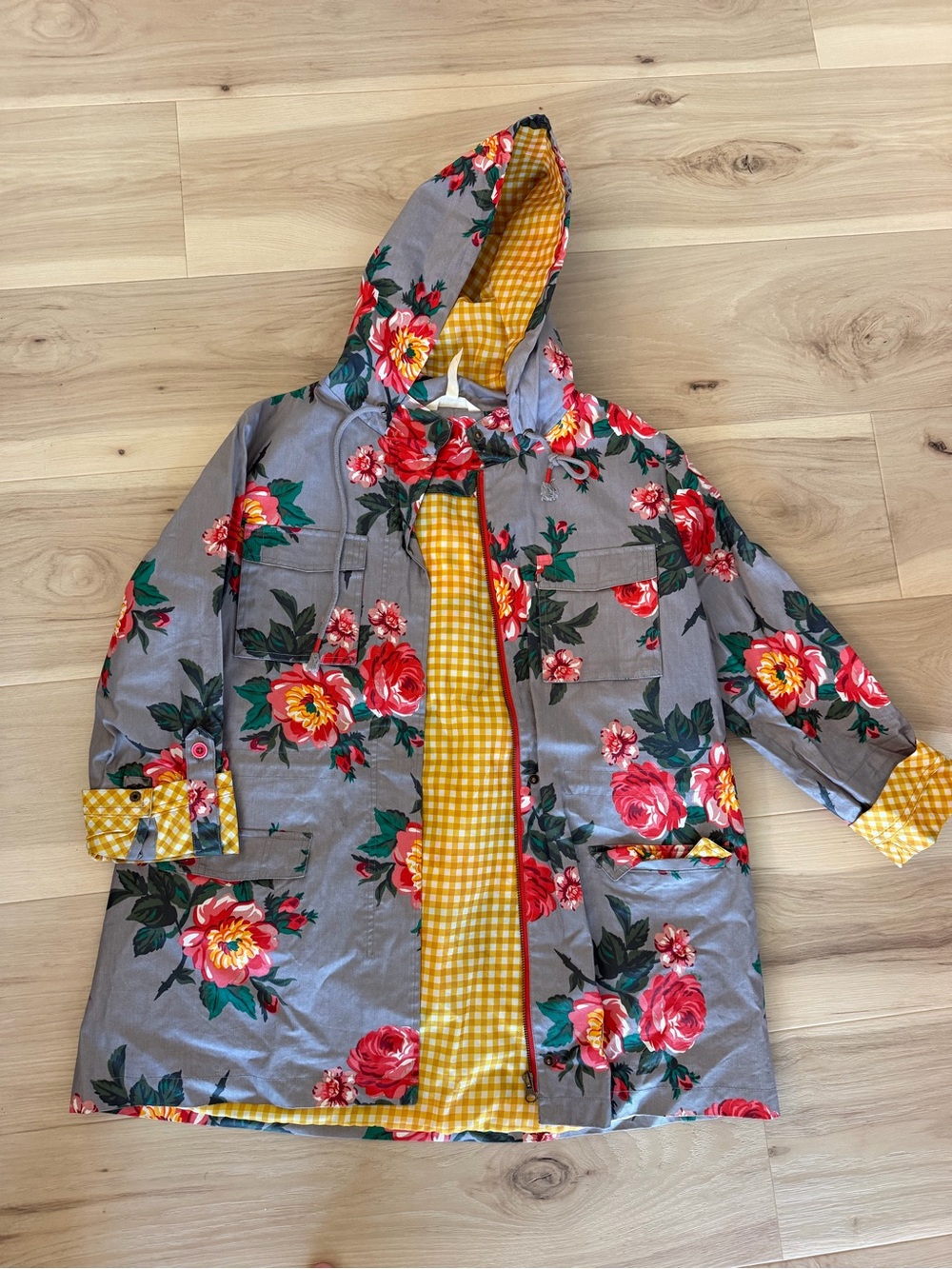 Matilda Jane Gray Floral Hooded Raincoat with Yellow Gingham Lining